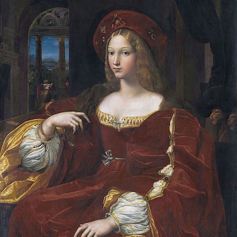 A painting of a lady wearing a red dress 