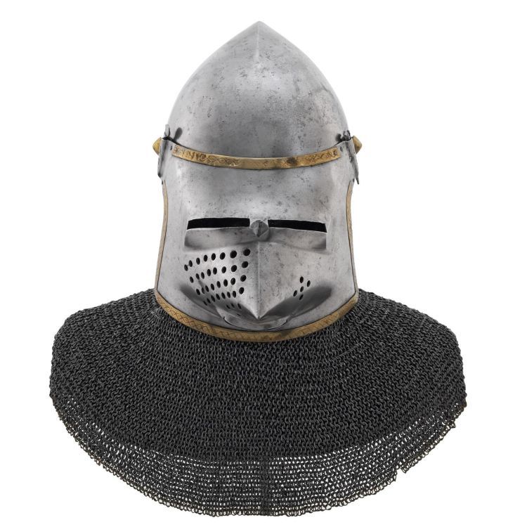 steel helmet with egg-shaped  crown and pointed visor edged in brass.  A mail skirt is attached to the neck