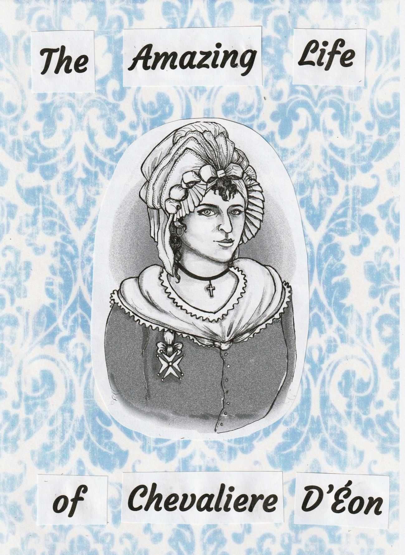 line drawing of 18th century woman in a dress and bonnet, wearing a medal.
