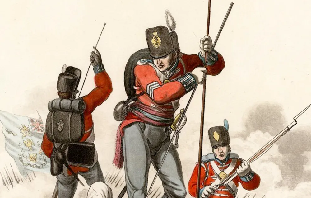 A British sergeant inspects a dead French soldier on the battlefield