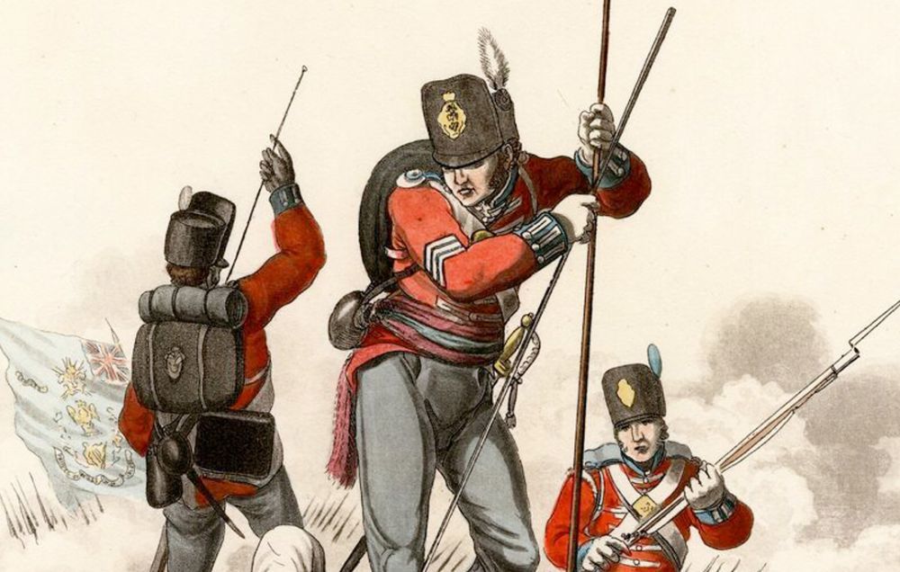 A British sergeant inspects a dead French soldier on the battlefield
