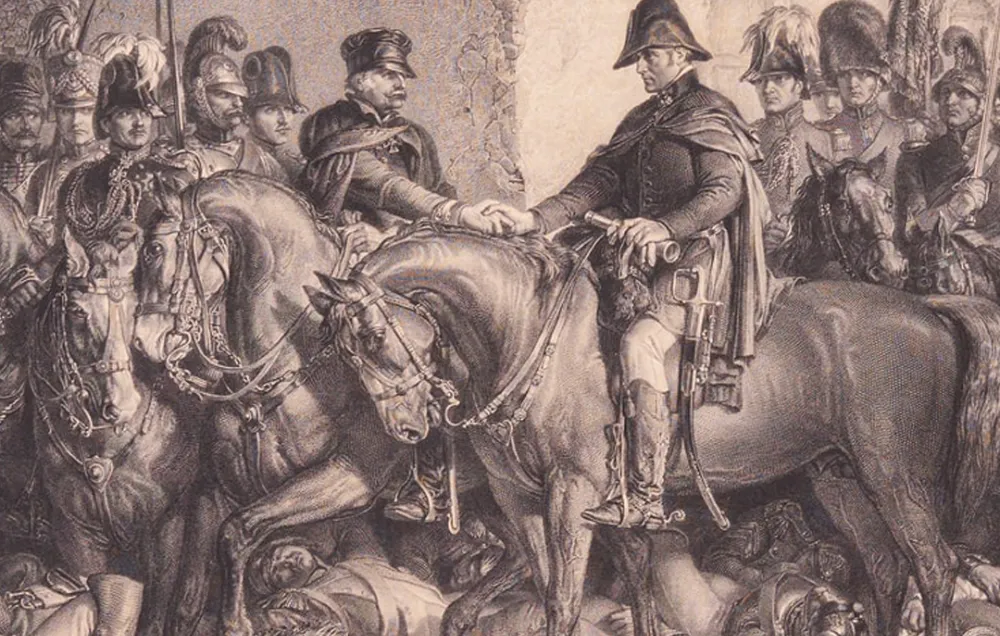 Wellington and Blucher meet at La Belle Alliance inn and shake hands