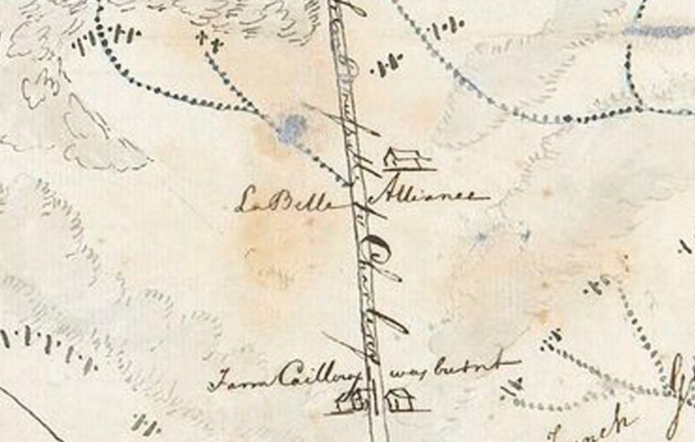 A battle map, indicating where Napoleon's forward HQ was located at Waterloo