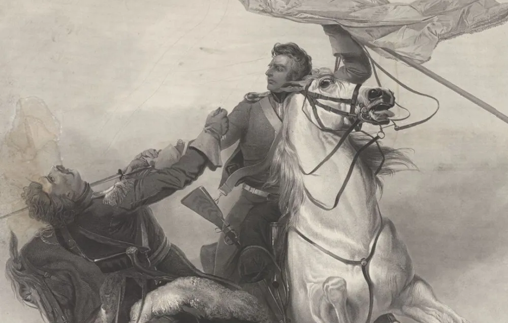 A British cavalry officer kills a French rival to defend his captured eagle