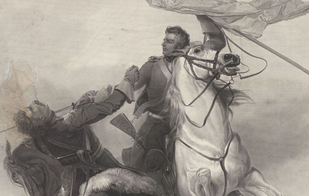 A British cavalry officer kills a French rival to defend his captured eagle