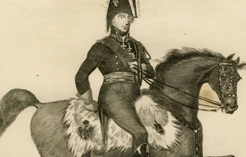 An engraving of Prussian General Bulow on a horse