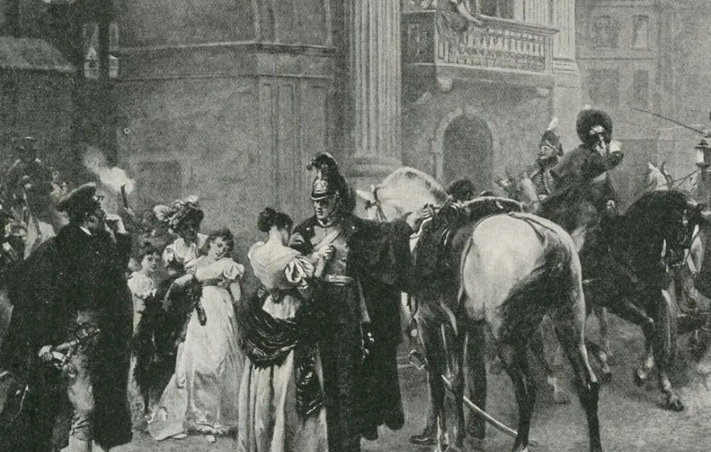 An engraving of British and Allied soldiers leaving the Duchess of Richmond's ball on the eve of the Battle of Quatre-Bras