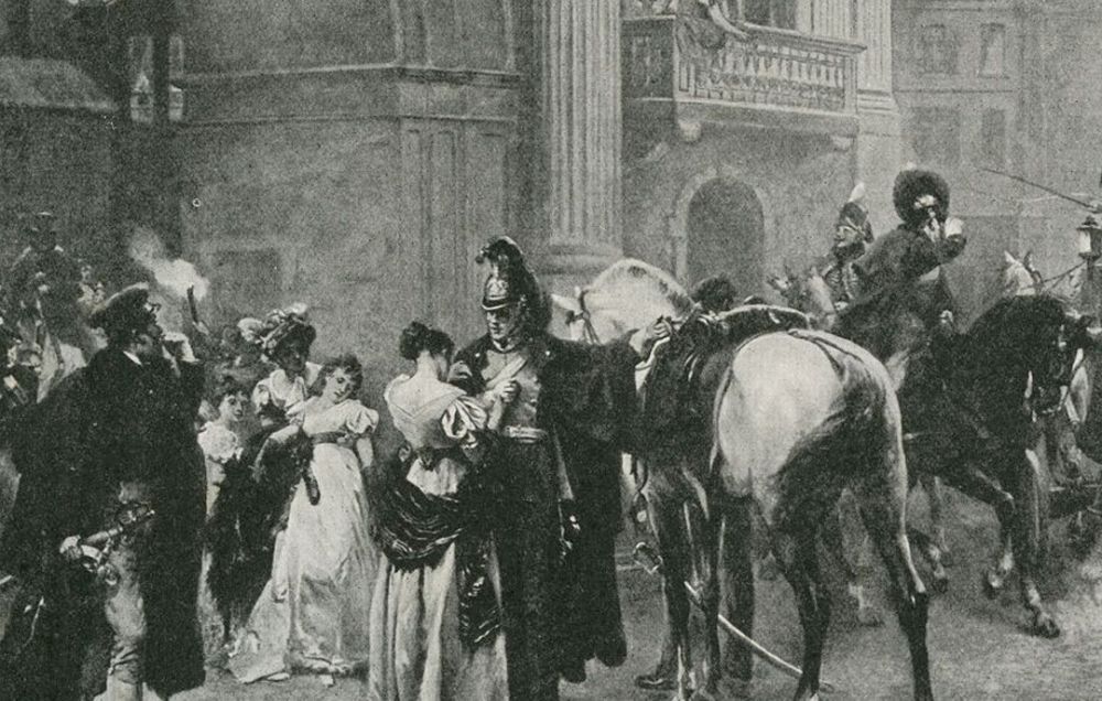 An engraving of British and Allied soldiers leaving the Duchess of Richmond's ball on the eve of the Battle of Quatre-Bras