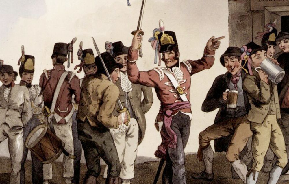 An engraving of a Napoleonic British soldier recruiting, with ribbons in his cap and sword