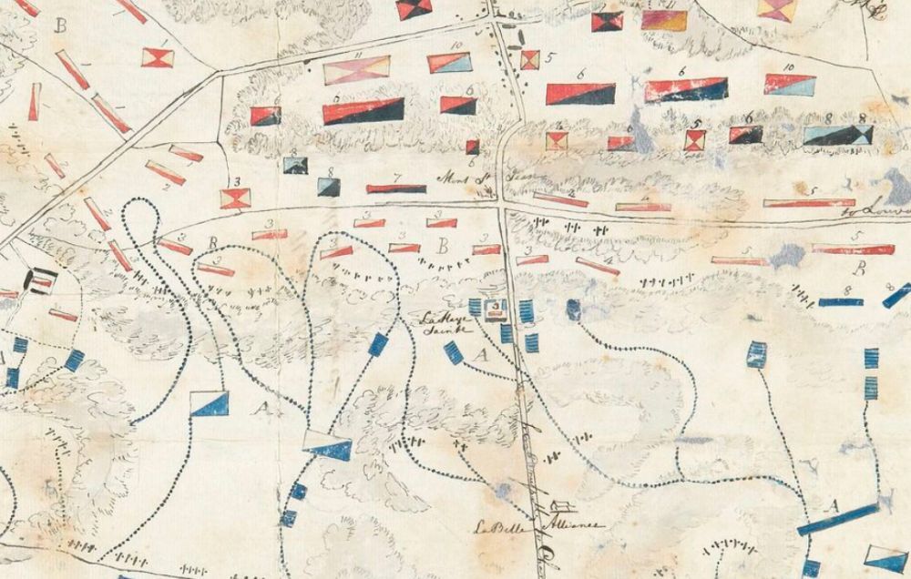 A map of the Battle of Waterloo, indicating where the two armies were positioned before and during battle