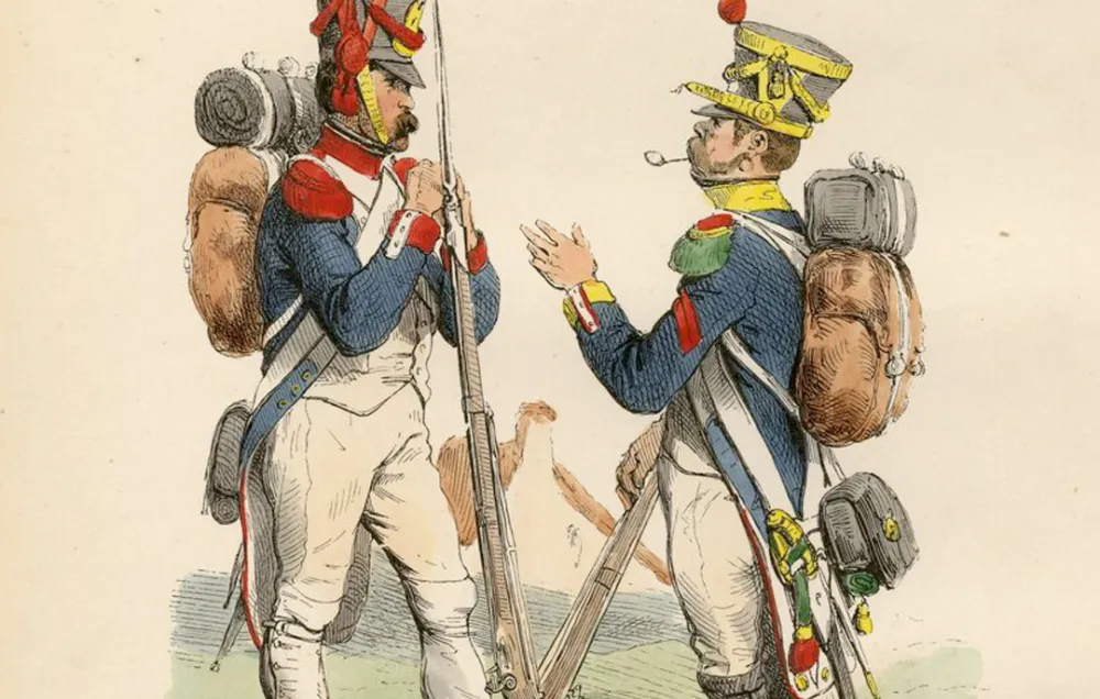 Two Napoleonic soldiers in blue jackets and white breeches, one with a red feather in this cap, the other with a yellow feather