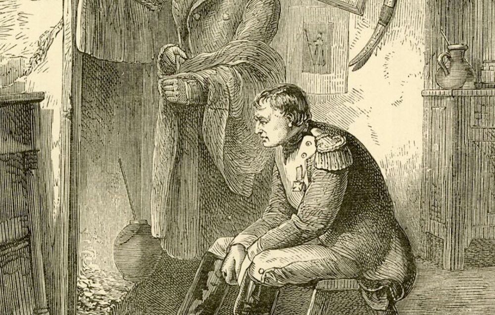 Napoleon looks despondently into the fire in the aftermath of the Battle of Waterloo