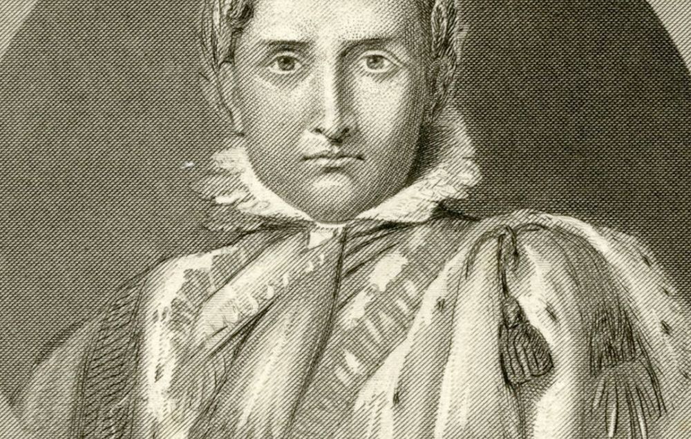 An engraving of Napoleon Bonaparte, dressed in his Imperial clothes