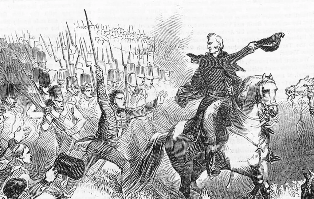 The Duke of Wellington orders his soldiers forward, who gleefully march