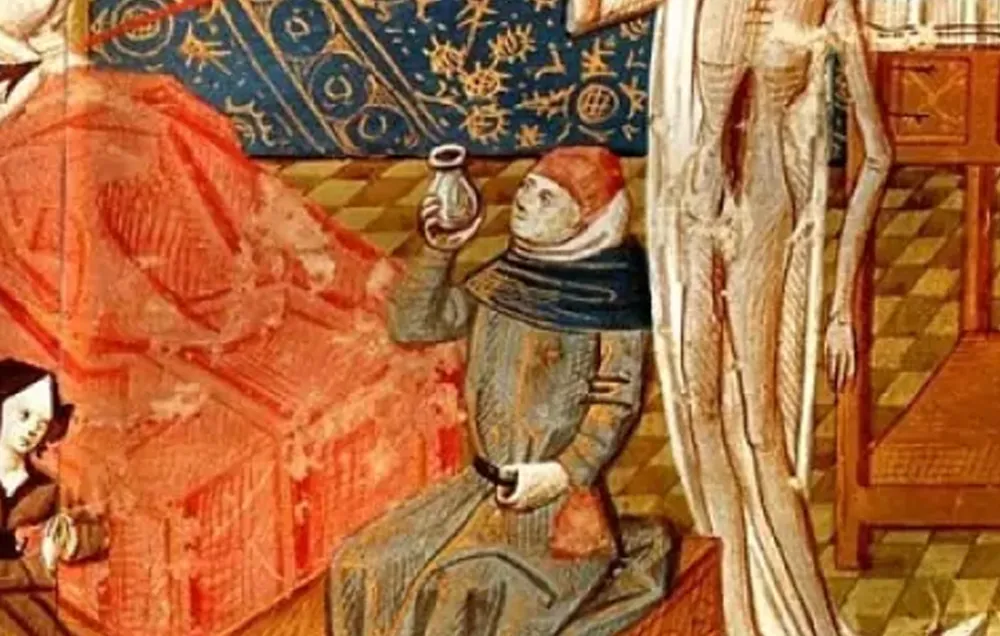 A 15th century illumination representing the Black Death as a skeletal figure with a poisonous arrow