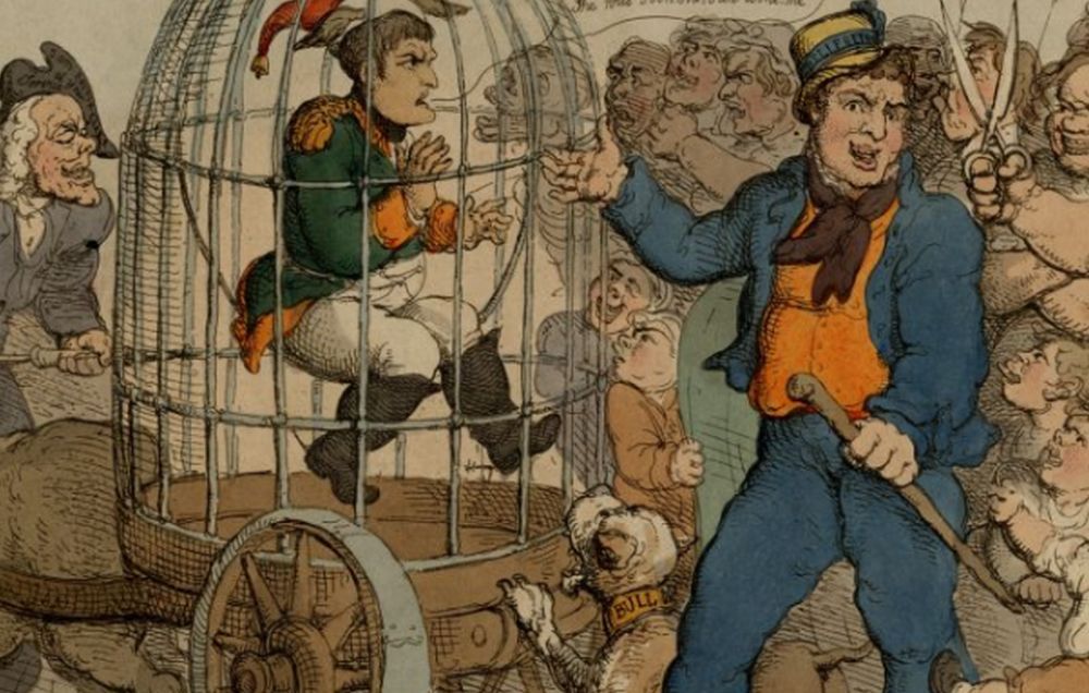 A British cartoon from 1815 mocking the defeat of Napoleon by depicting him in a cage, performing for a baying crowd