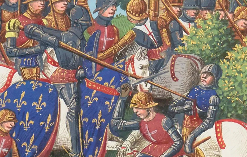 A gruesome medieval battle scene representing the Battle of Formigny. Several soldiers are left dying in the foreground as the French advance in the background.