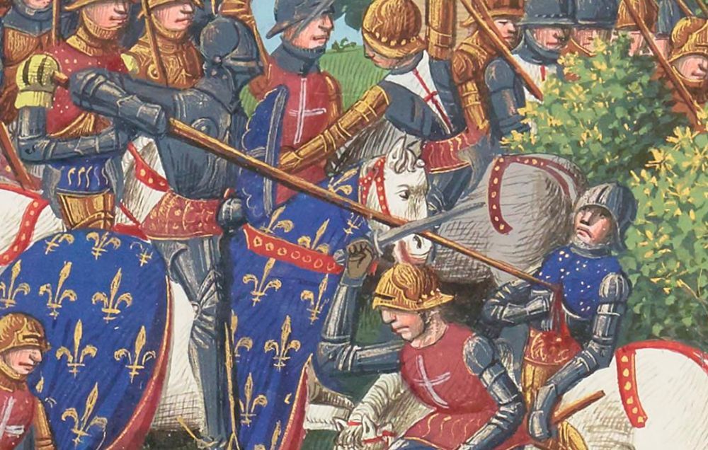 A gruesome medieval battle scene representing the Battle of Formigny. Several soldiers are left dying in the foreground as the French advance in the background.