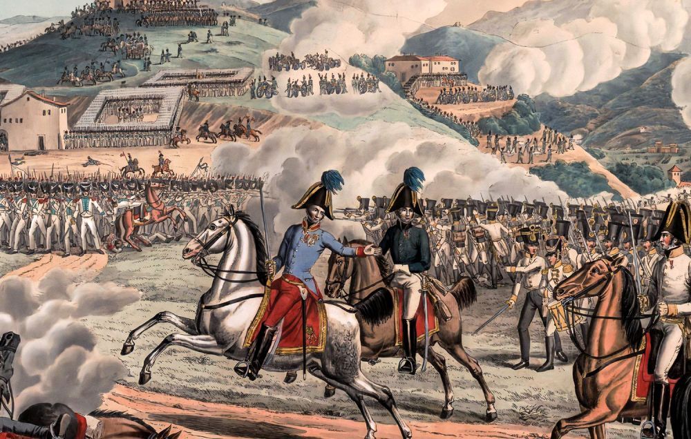 Colour tint engraving of a detail of Battle of Tolentino 1815 featuring cavalry and troop suares and a city on fire