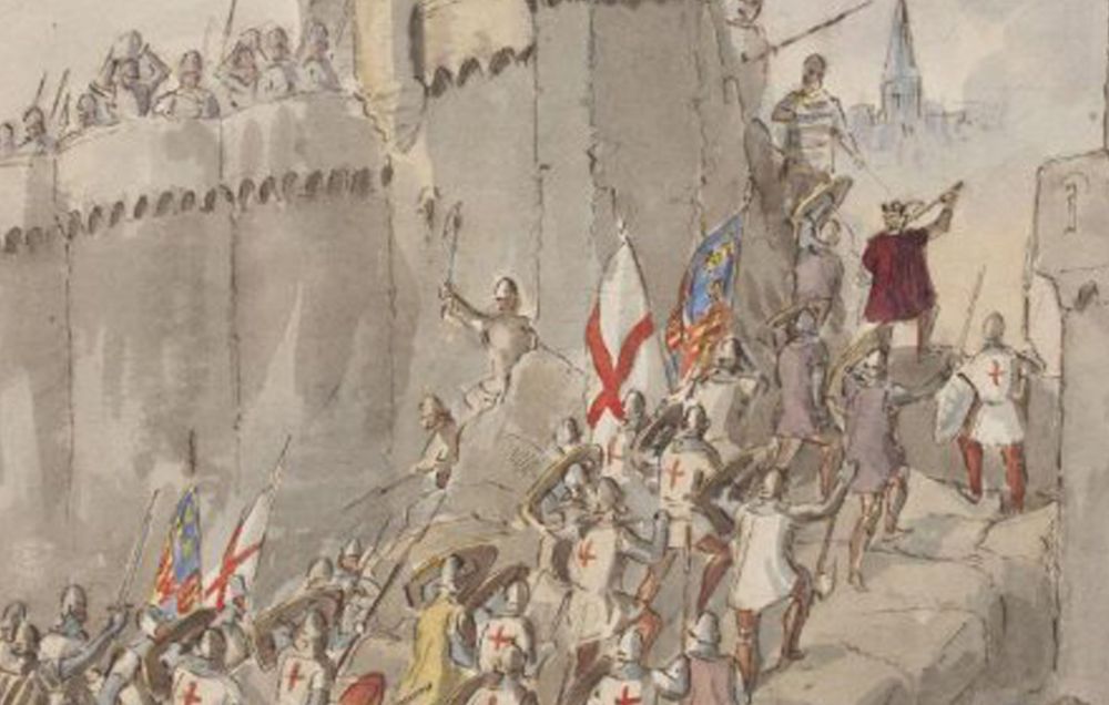A 19th century depiction of the Siege of Harfleur as King Henry V leads English soldiers through a breach in the city wall