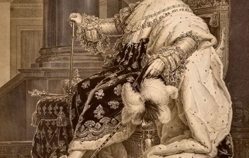 An engraving of King Louis XVIII from 1819, depicting a larger man in royal robes sat on a throne