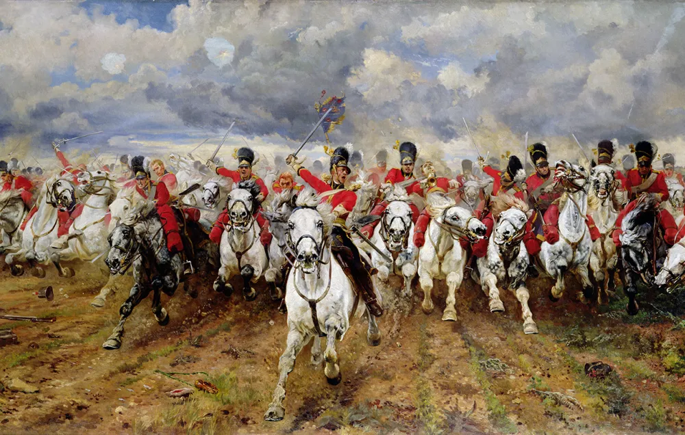 Painting depicting the cavalry charge of the Royal Scots Greys with their swords held aloft and screaming their battle cry at the Battle of Waterloo in 1815