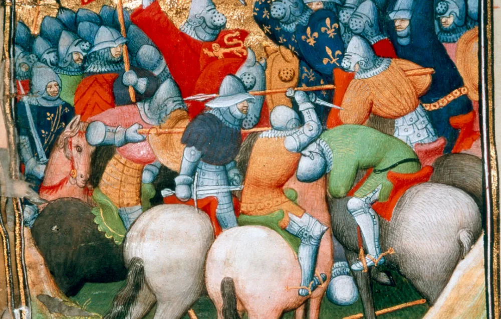 A medieval illustration in gold of the Battle of Crecy, with cavalry charging each other