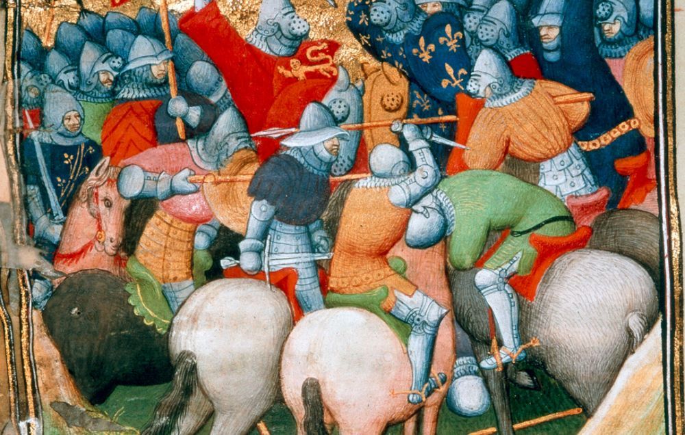 A medieval illustration in gold of the Battle of Crecy, with cavalry charging each other