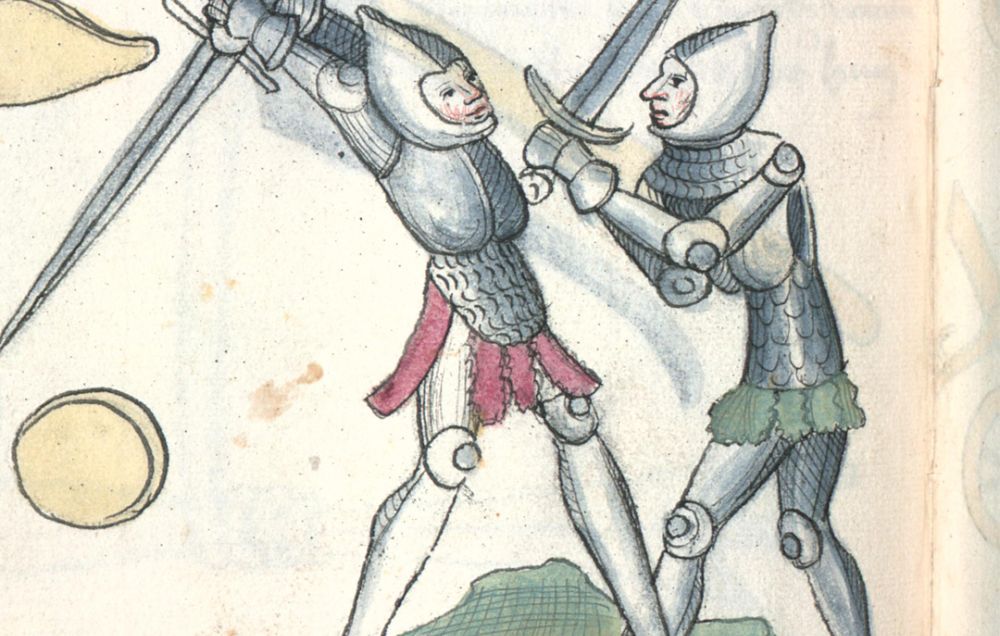 A medieval illustration of two armoured soldiers duelling