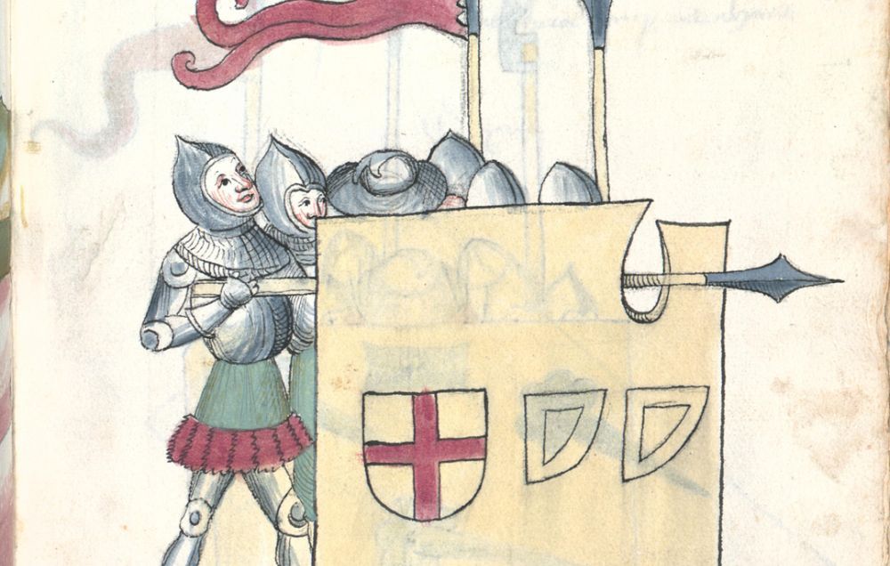 A medieval illustration of a battle scene, with one side taking cover behind a wall