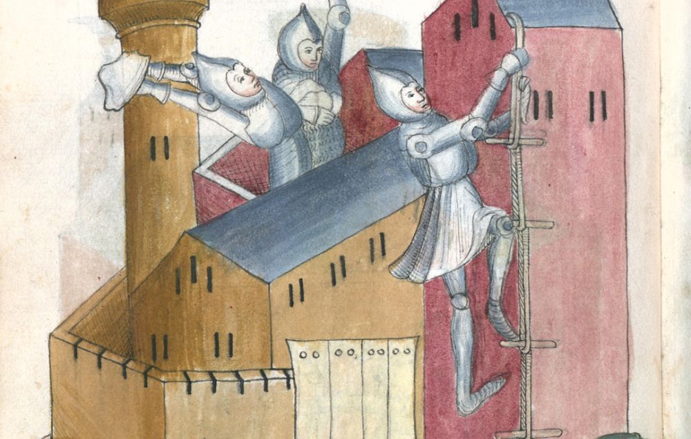 A medieval illustration of a siege, where the defenders are throwing rocks at the attackers scaling siege ladders