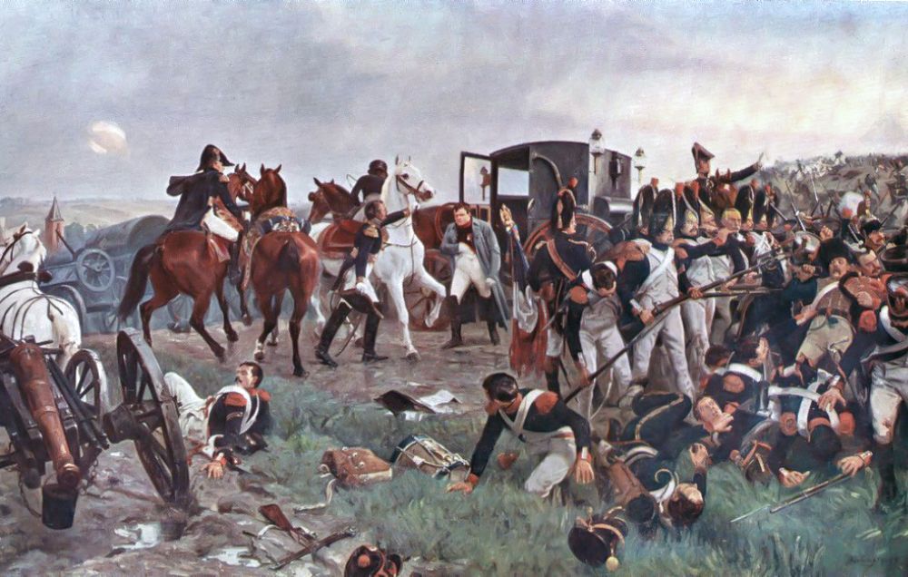 Painting showing Napoleon leaving his carriage into the midst of a scene of carnage and confusion