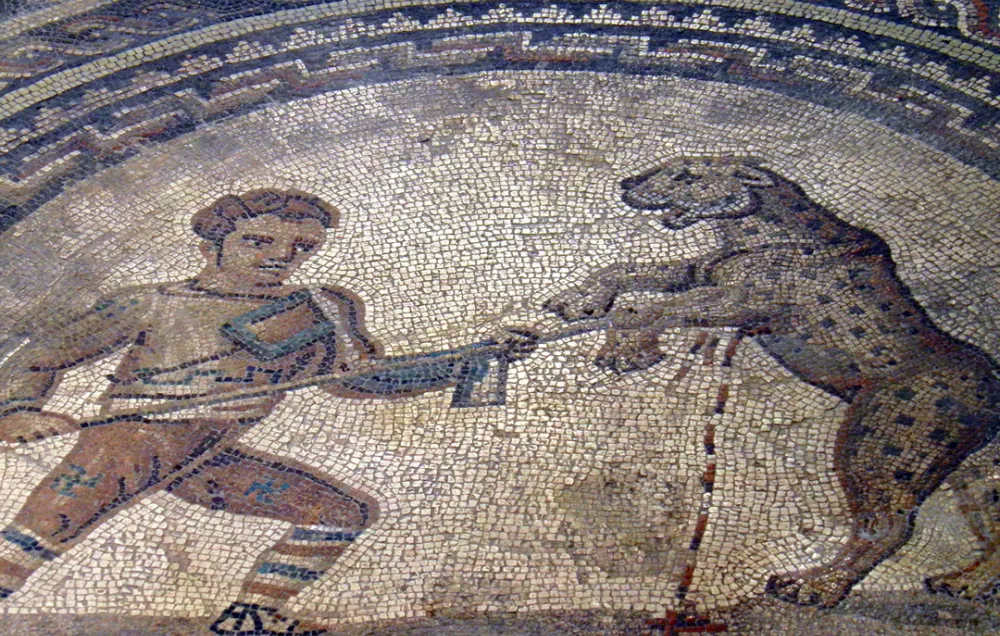 A mosaic of a beast fighter or venator fighting a leopard from Bad Kreuznach in Germany