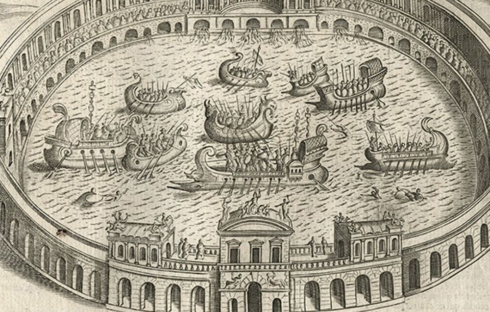 A 17th century etching of a Roman Naumachia, or sea battle, staged in an arena.