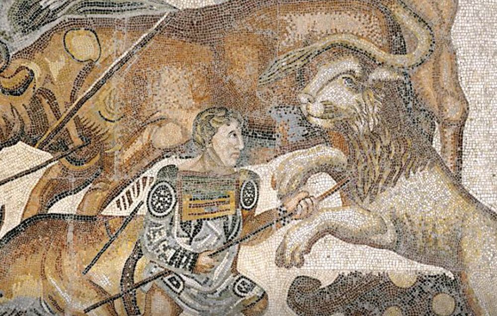 A mosaic of a hunter battling a lion