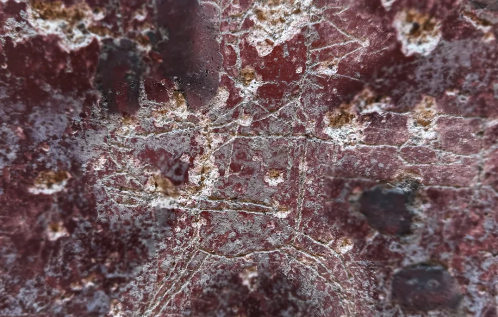 A highlighted image of a gladiator etched into a red wall in Pompeii