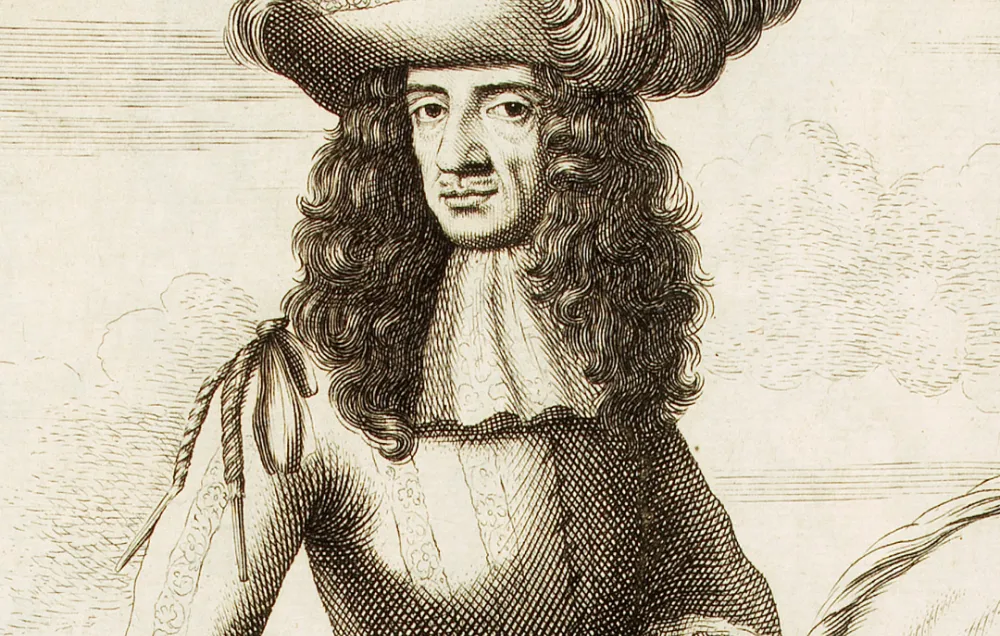 A portrait of a man in a long flowing wig, a thin moustache, and a metal breastplate.