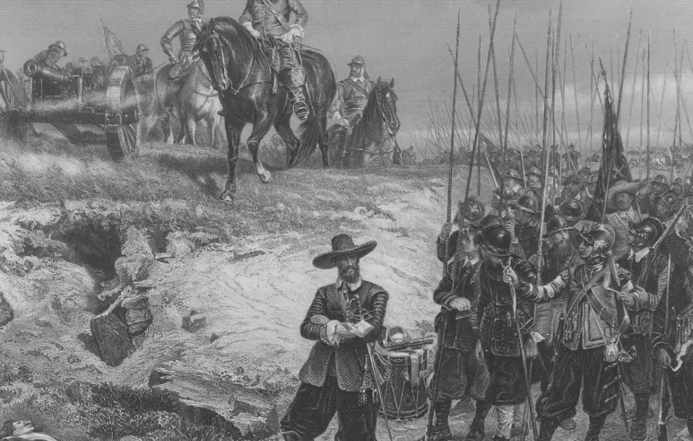 A black and white illustration of a man on a horse looking out over a collection of soldiers in armour and carrying pikes.