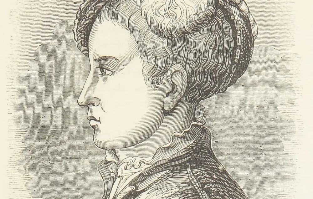 A sepia tone etching of a young boy in a wide brimmed hat with a large feather drooped over one side