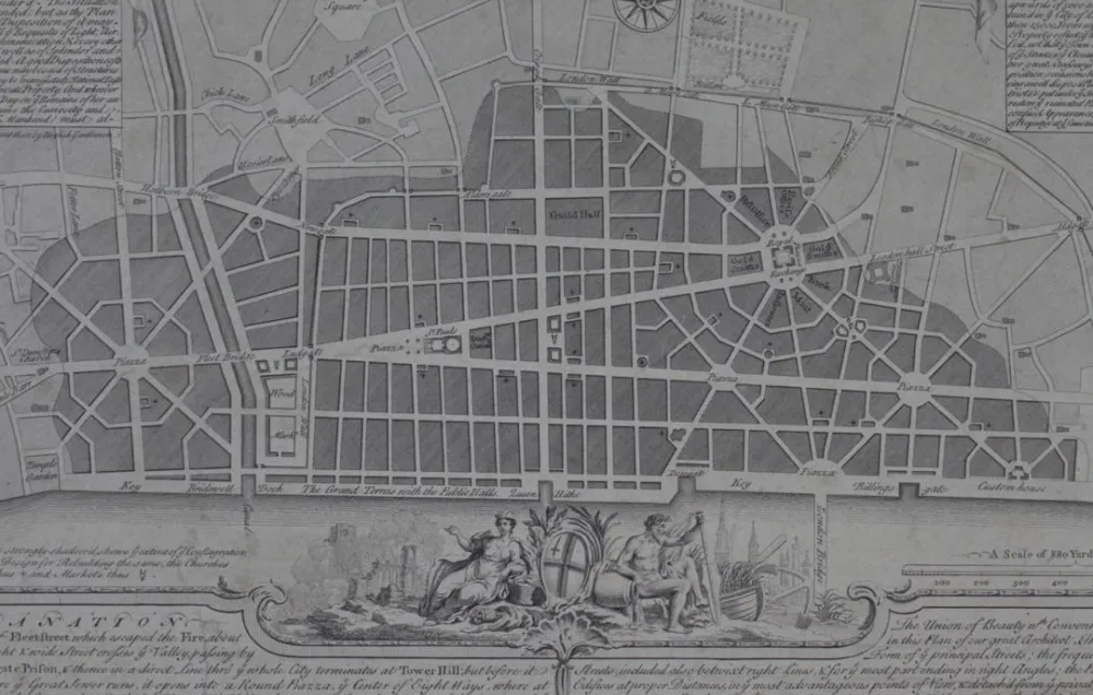 A black and white engraving of a street map with descriptive text on the lower third