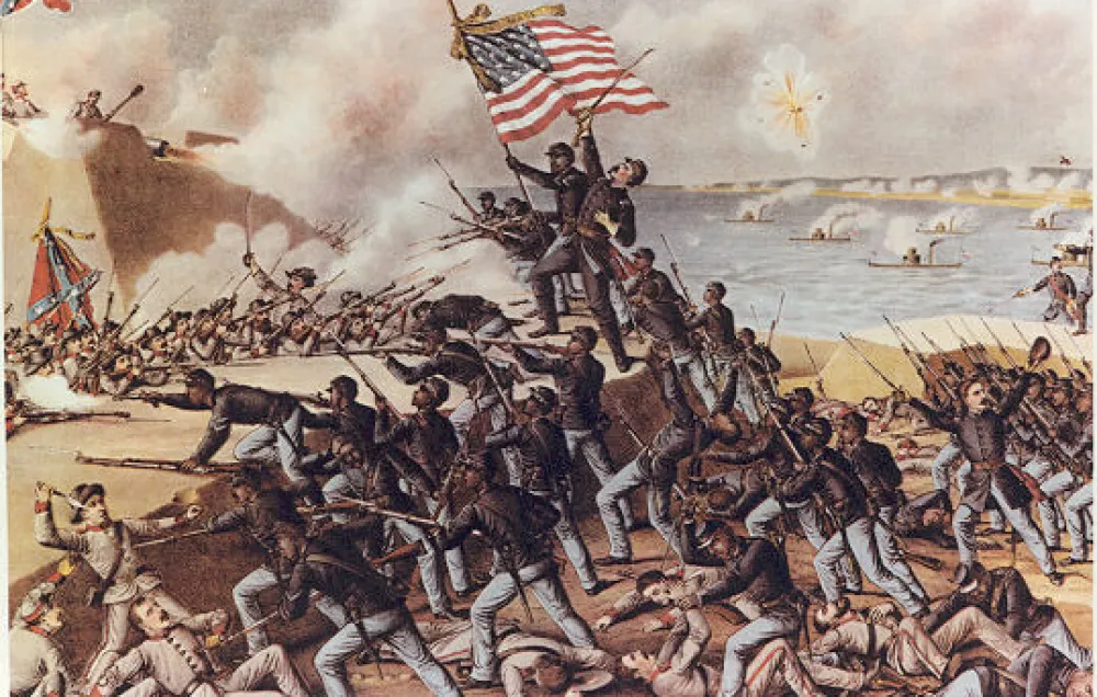 A colour illustration of the American Civil War, featuring black soldiers under the stars and stripes storming a Confederate held fortress.
