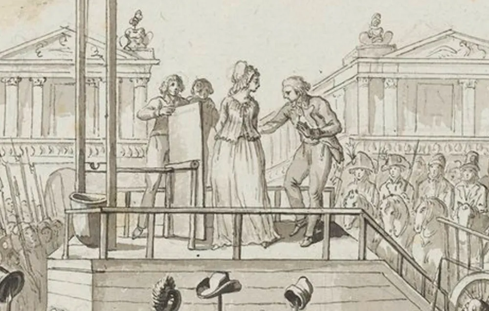 A black and white illustration of a woman in a long skirt and bonnet stood on top of a scaffold waiting for the guillotine to be readied. 