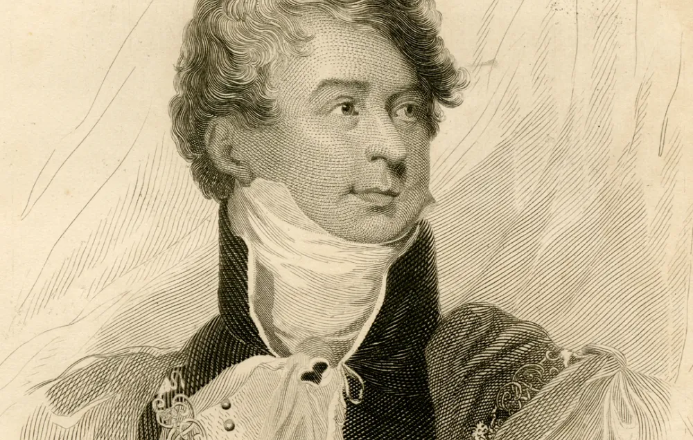 A sepia tone engraving of a greying man with a high necked neckerchief, black coat, and imperial robe