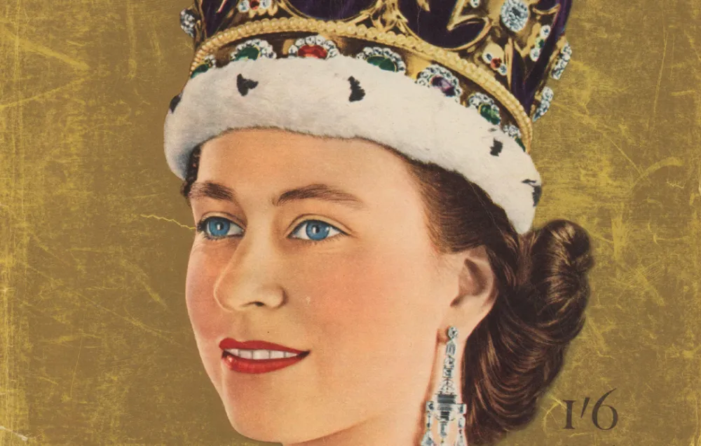 A colour illustration of a young Queen Elizabeth II in a crown