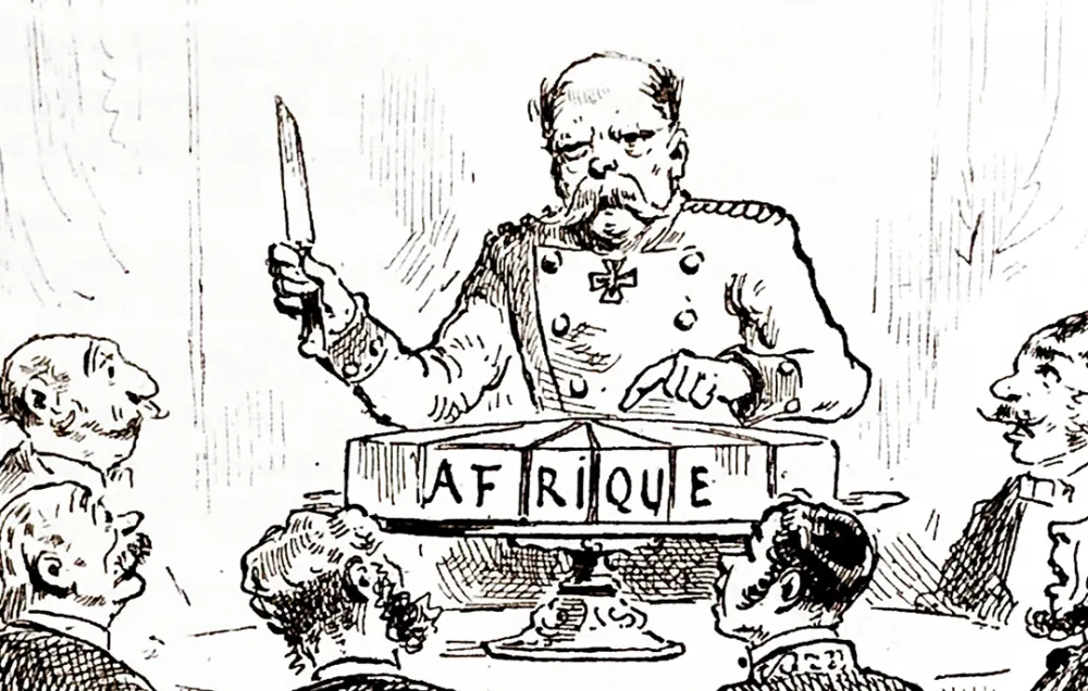A black and white cartoon depicting the German chancellor Otto von Bismarck hovering over a cake called Afrique (Africa), ready to carve it up for the other European men at the table.