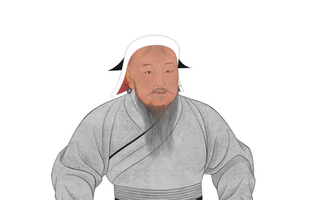 A historical-style drawing depicting Genghis Khan with white hair, black pointed adornments on each side of the head, and a lengthy, finely detailed beard.