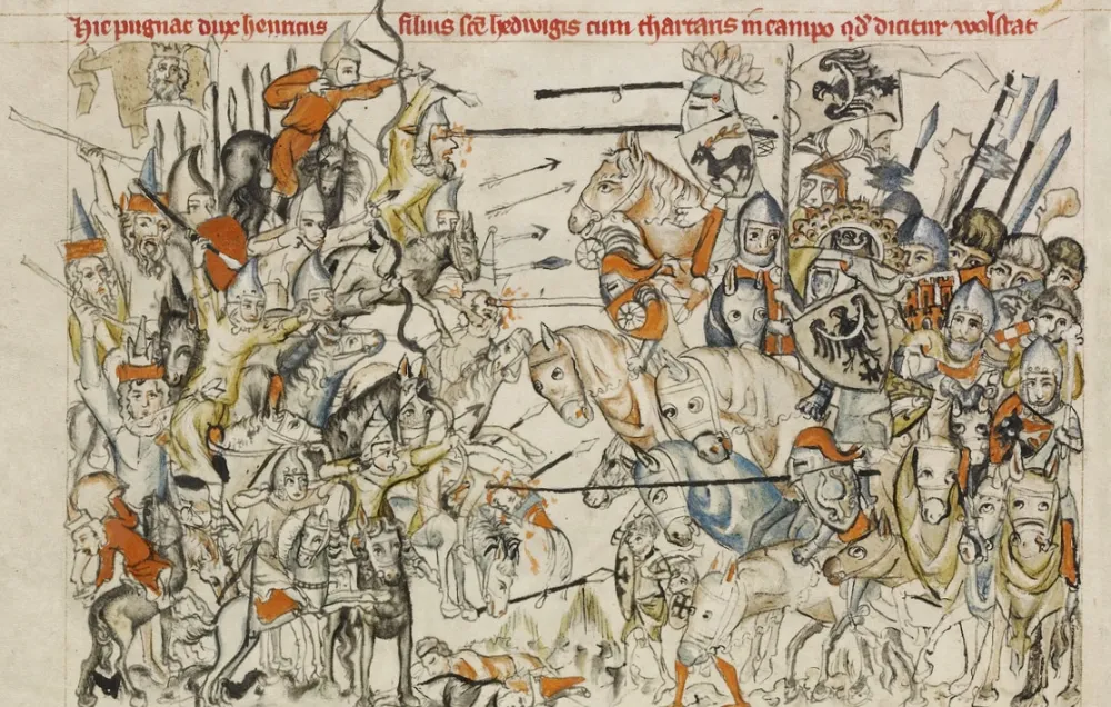 A medieval depiction of a battle between Mongols and European knights