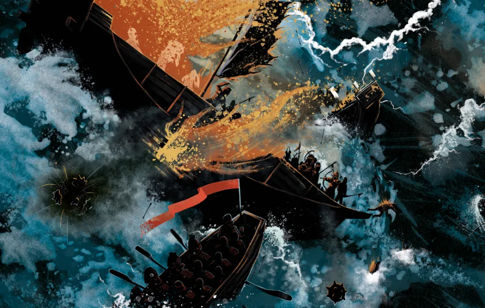 An illustration of a typhoon crashing into a Mongol fleet anchored off the shores of Japan while under attack from small ships