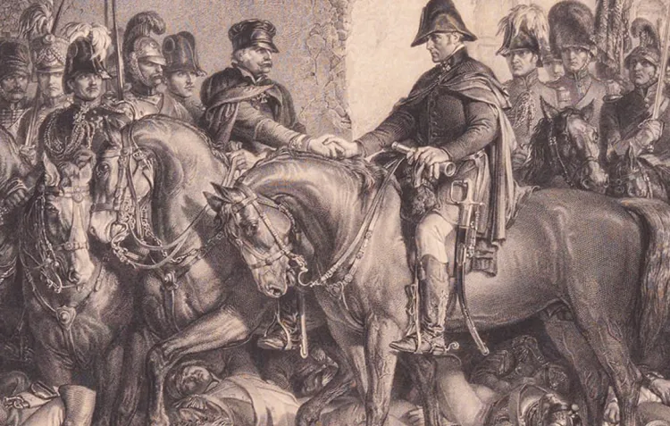 Wellington and Blucher meet at La Belle Alliance inn and shake hands