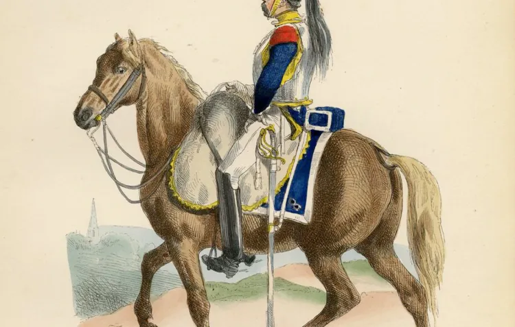 A cuirassier, French cavalryman, poses with a shining breastplate, dark flume in his helmet, and red and blue jacket.